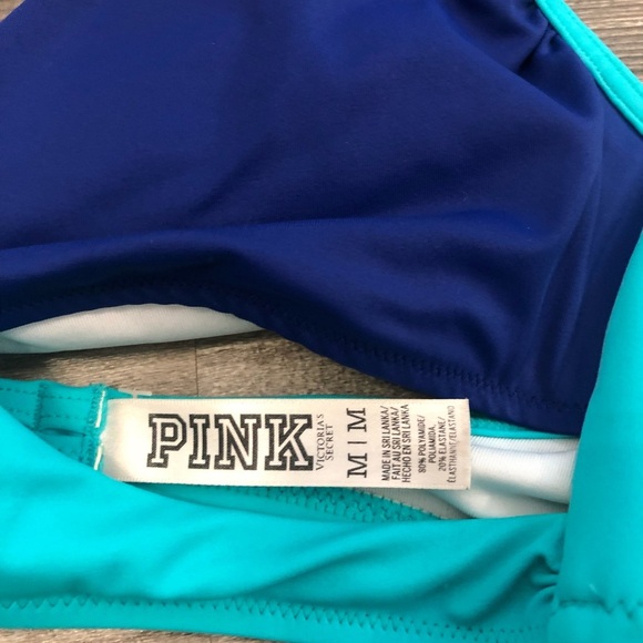 PINK Victoria's Secret Women's Blue and Teal Halter Bikini Top Medium - Picture 2 of 5